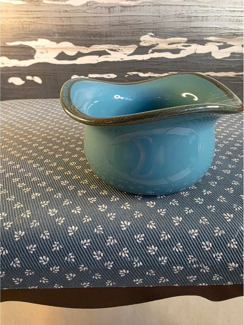 Home Essentials Turquoise Blue Ceramic Mini Bowl Wavy Brown Rim 4.25”